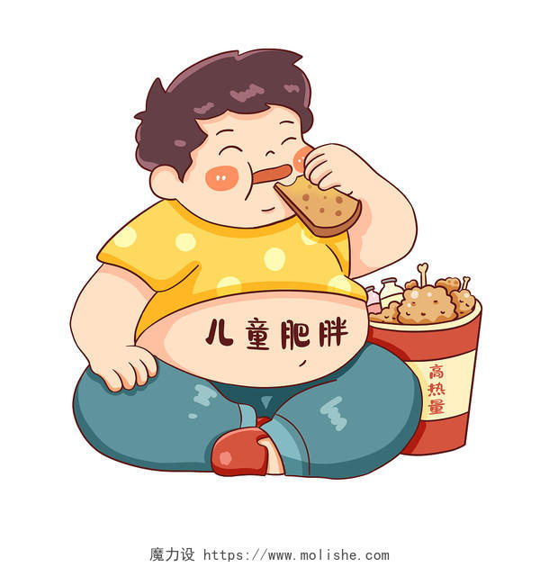 卡通胖男孩吃食物儿童肥胖原创插画食物肥胖男孩鸡腿高热量健康